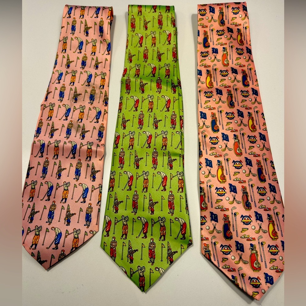 New Rene Chagal trio of Golf themed 00% Handmade silk ties